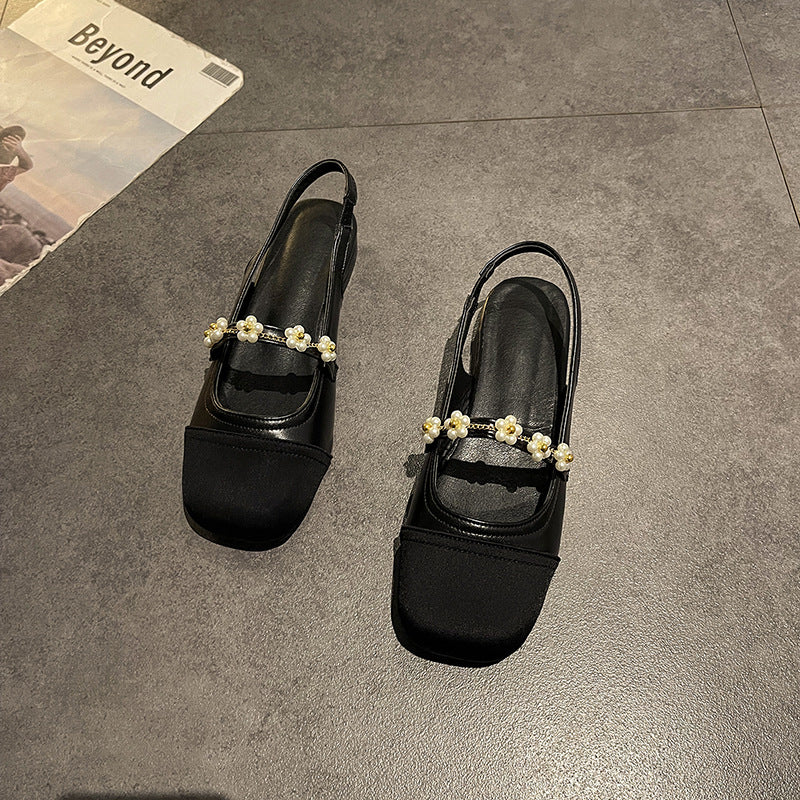 With skirt Mary Jane single shoes summer French small heel versatile pearl bag head sandals female new fairy style  beanie shoes