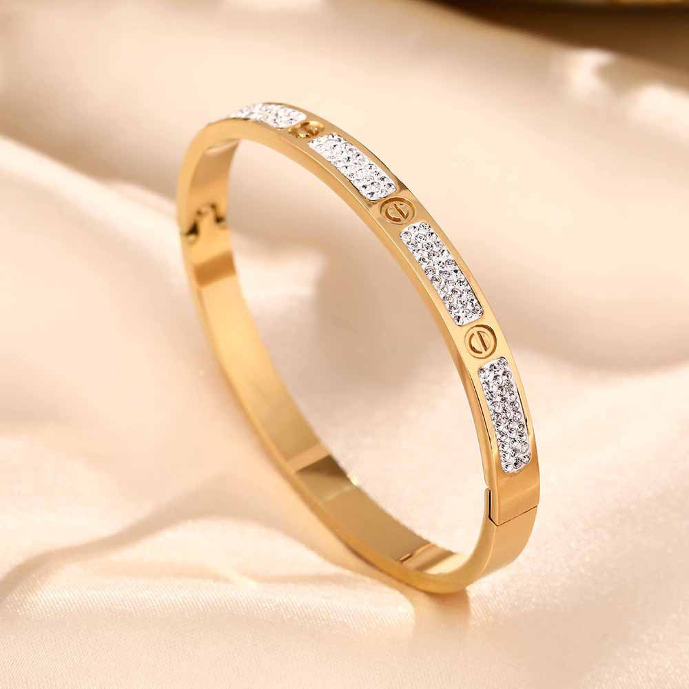 European and American cross-border fashion simple titanium steel bracelet female screwdriver inlaid with three rows of diamonds high-end ins wind bracelet jewelry