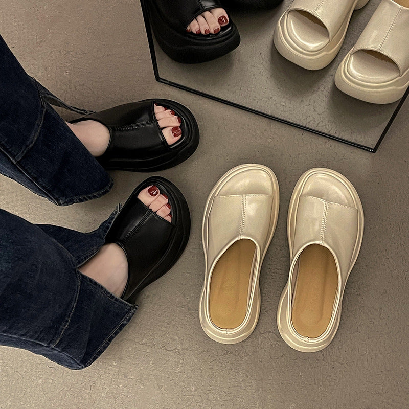 Internet celebrity explosion round head high heel one-word drag women wear  summer new heightening non-slip super soft cool slippers