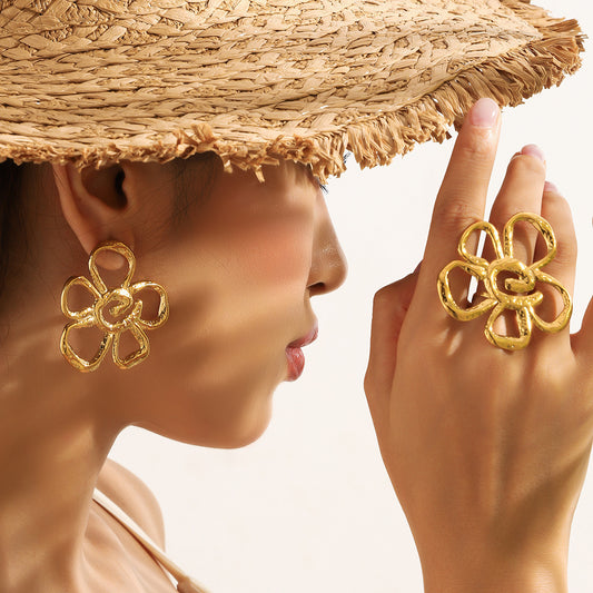 Malt European and American fashion hollow flower earrings stud earrings women's opening design ring rings holiday style earrings