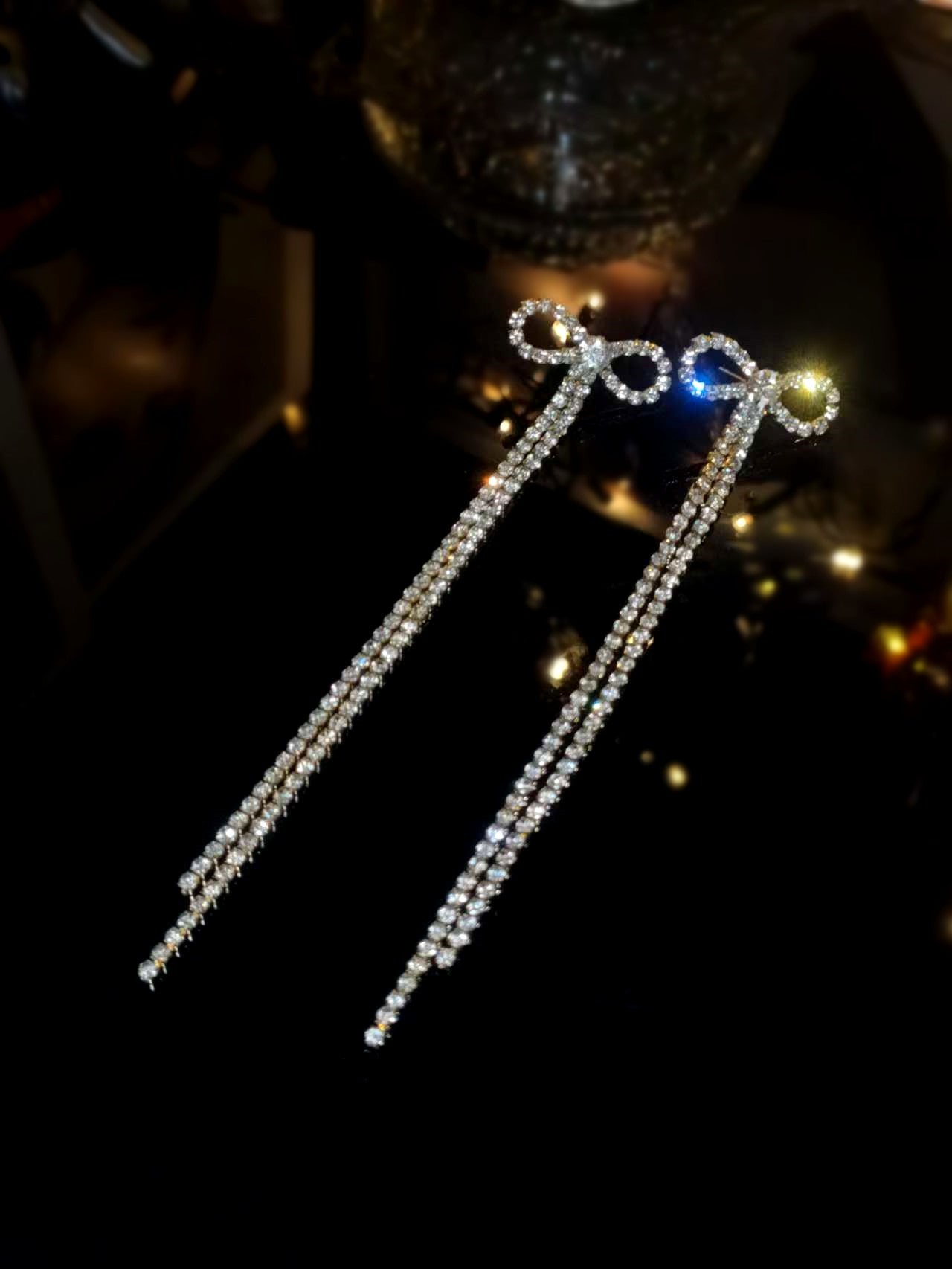 DINGKA Classic Blue Crystal Long Fringed Bow Earrings Women's, Stylish Shiny Crystal Stud Earrings Earrings