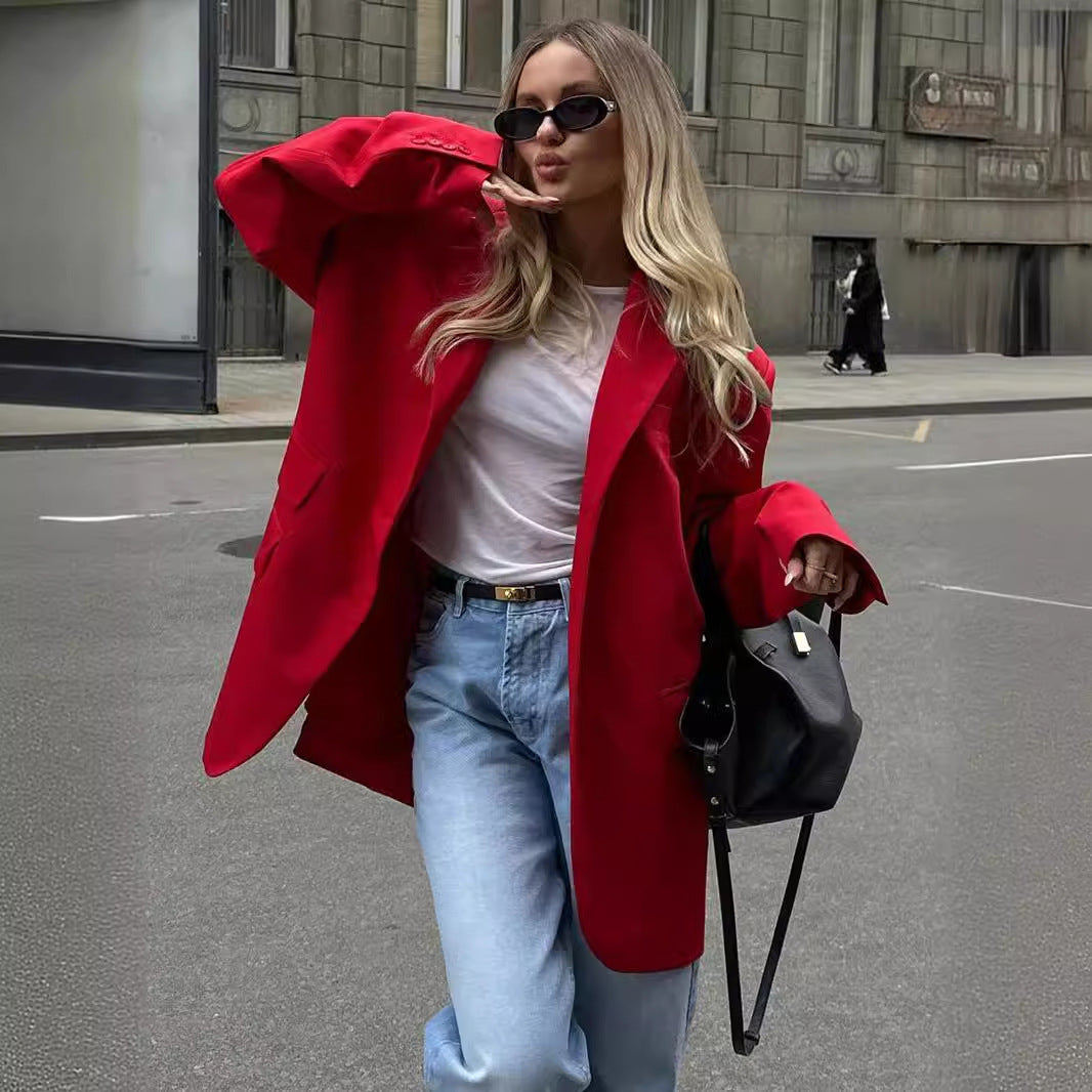 Red suits European and American summer new temperament shoulder pads loose lapel pocket red blazer