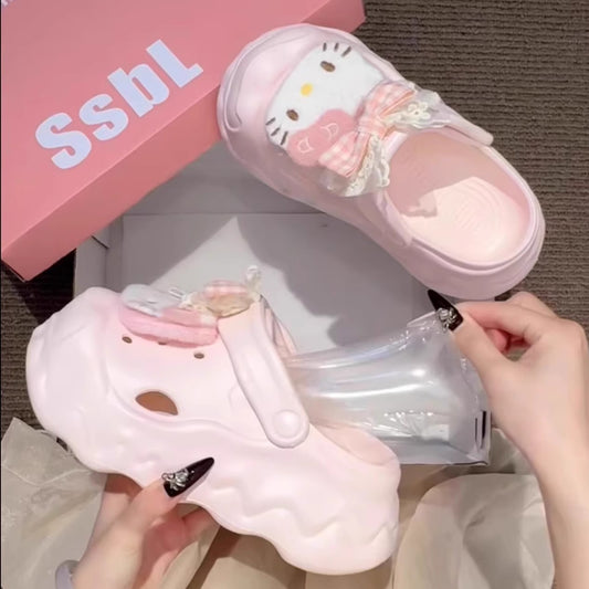 Cartoon cute kt cat casual hole shoes women wear thick soles to increase height in summer indoor beach bag head cool slippers