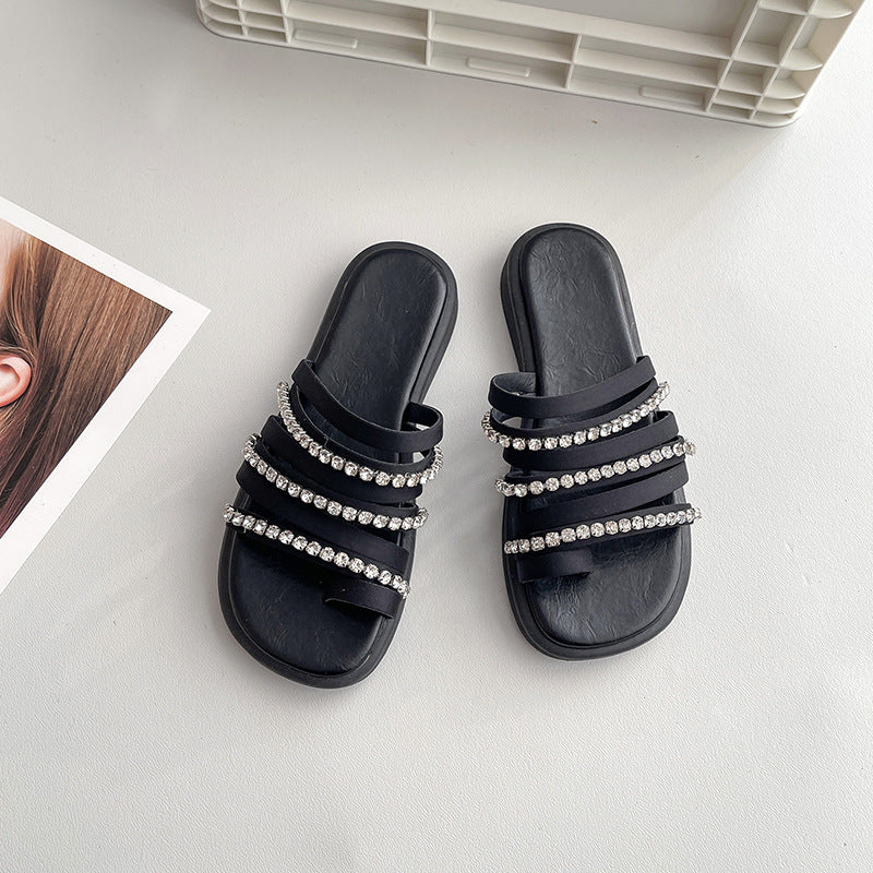 Summer new versatile flat-bottomed sandals round head non-slip temperament one-word drag fairy rhinestone cover toe slippers