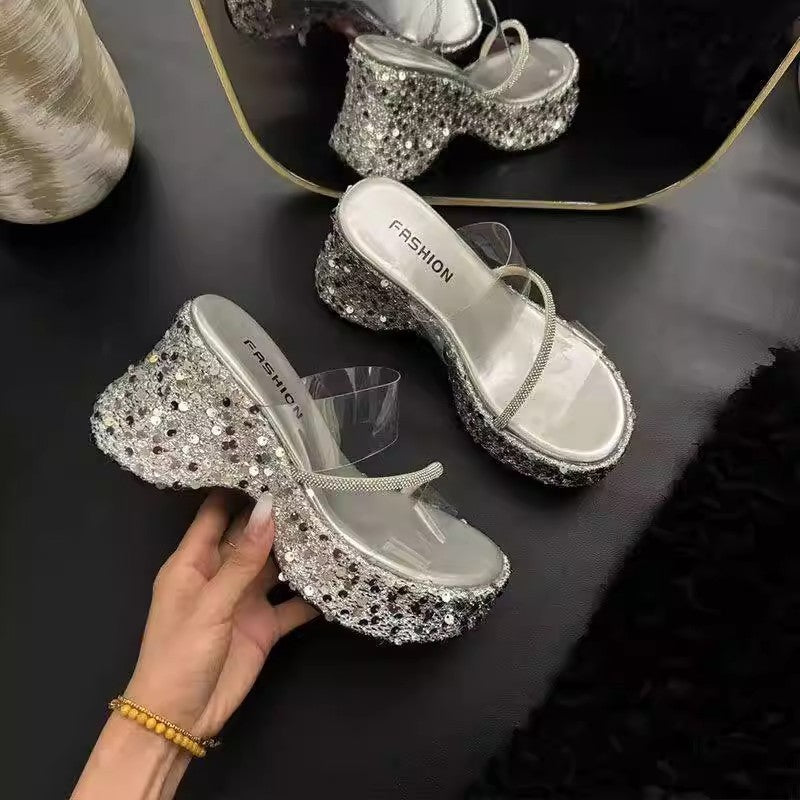 Thick-bottomed wedge slippers women's  new summer outer wear fashion sequins transparent one-word set toe high-heeled sandals women