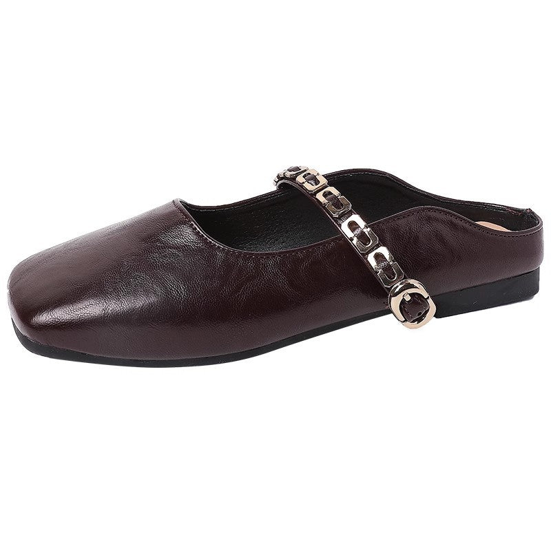 French bag head half slippers women's outer wear  spring and summer new Korean version square head flat bottom one pedal Mary Jane single shoes