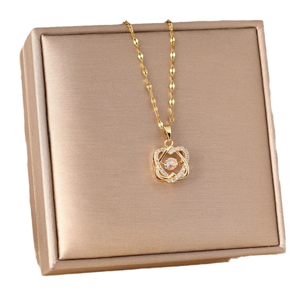 European and American cross-mirror smart double love titanium steel necklace female personality beating heart pendant high-end sense collarbone chain jewelry