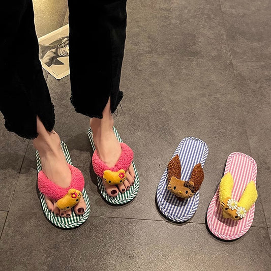 Fashion cartoon Hello Kitty beach cool slippers women's spring summer soft-soled fluffy shoes seaside niche design flip-flops