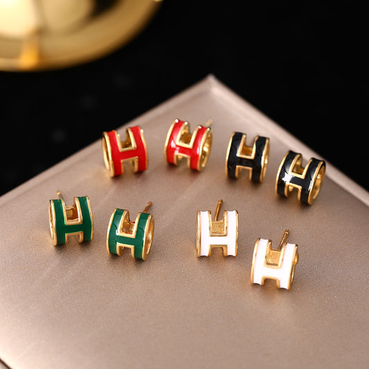 European and American cross-border drip glaze enamel three-dimensional letter H stud earrings 925 silver needle French retro earrings temperament earrings jewelry