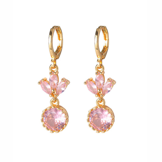 Choka, European and American, high-end luxury long ear buckles, fashionable pink zircon earrings, versatile copper ear jewelry.