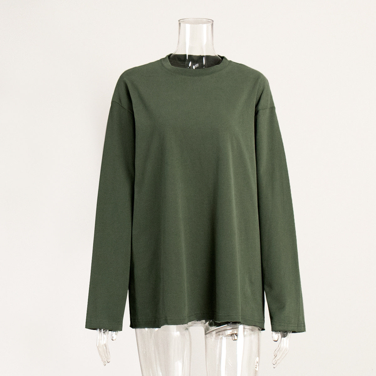 Pure cotton T-shirt women's European and American cross-border spring new loose solid color Oversize round neck long-sleeved t-shirts