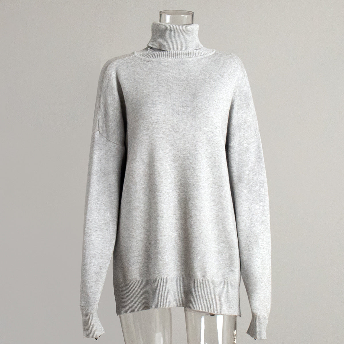 Cross-border turtleneck sweater women's autumn and winter new casual sweater European and American style split fork loose solid color knitted sweater