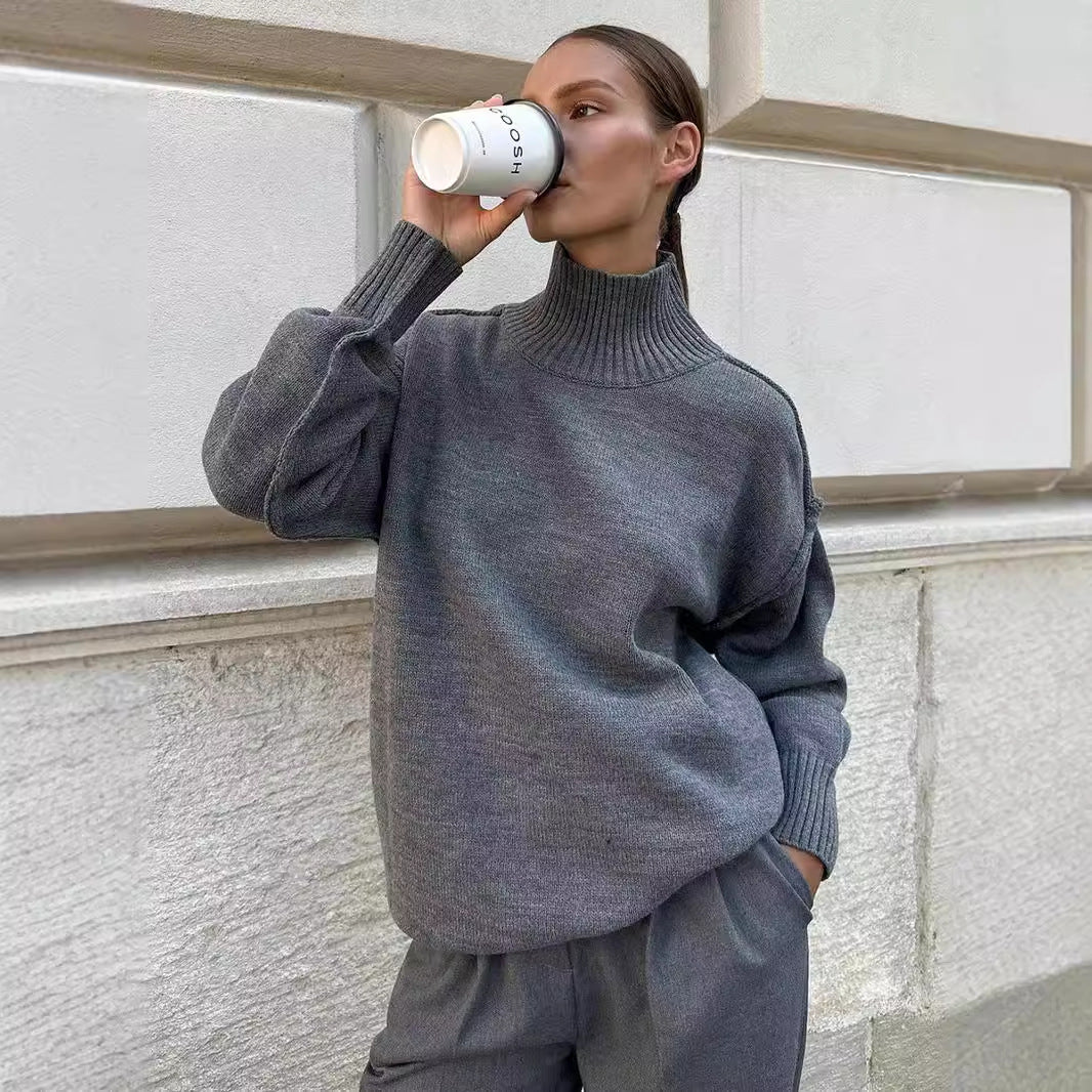 Cross-border splicing turtleneck sweater women's Europe, America, autumn and winter new casual loose lazy thickened sweater knitted jumper