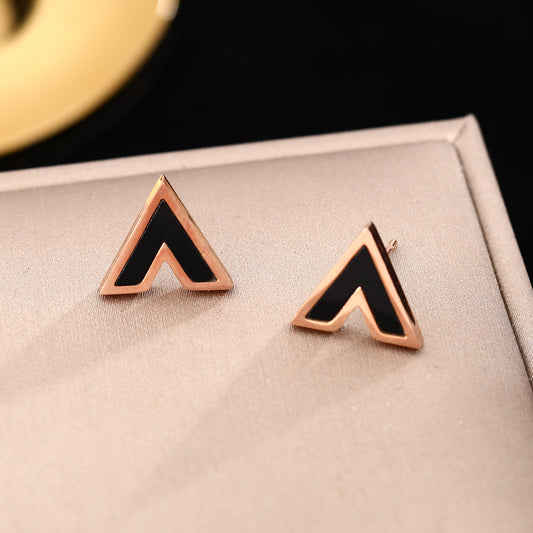 Korean version of temperament black V-shaped titanium steel stud earrings women's simple letters rose gold earrings small ear jewelry does not fade