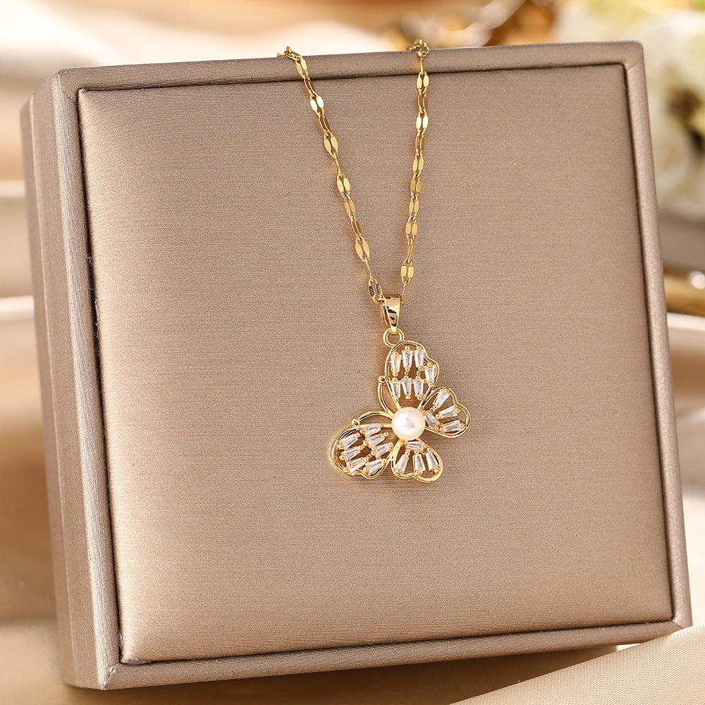 Pearl butterfly titanium steel necklace slightly inlaid with diamonds, exquisite versatile zircon light luxury, diamond-inlaid women do not fade collarbone chain
