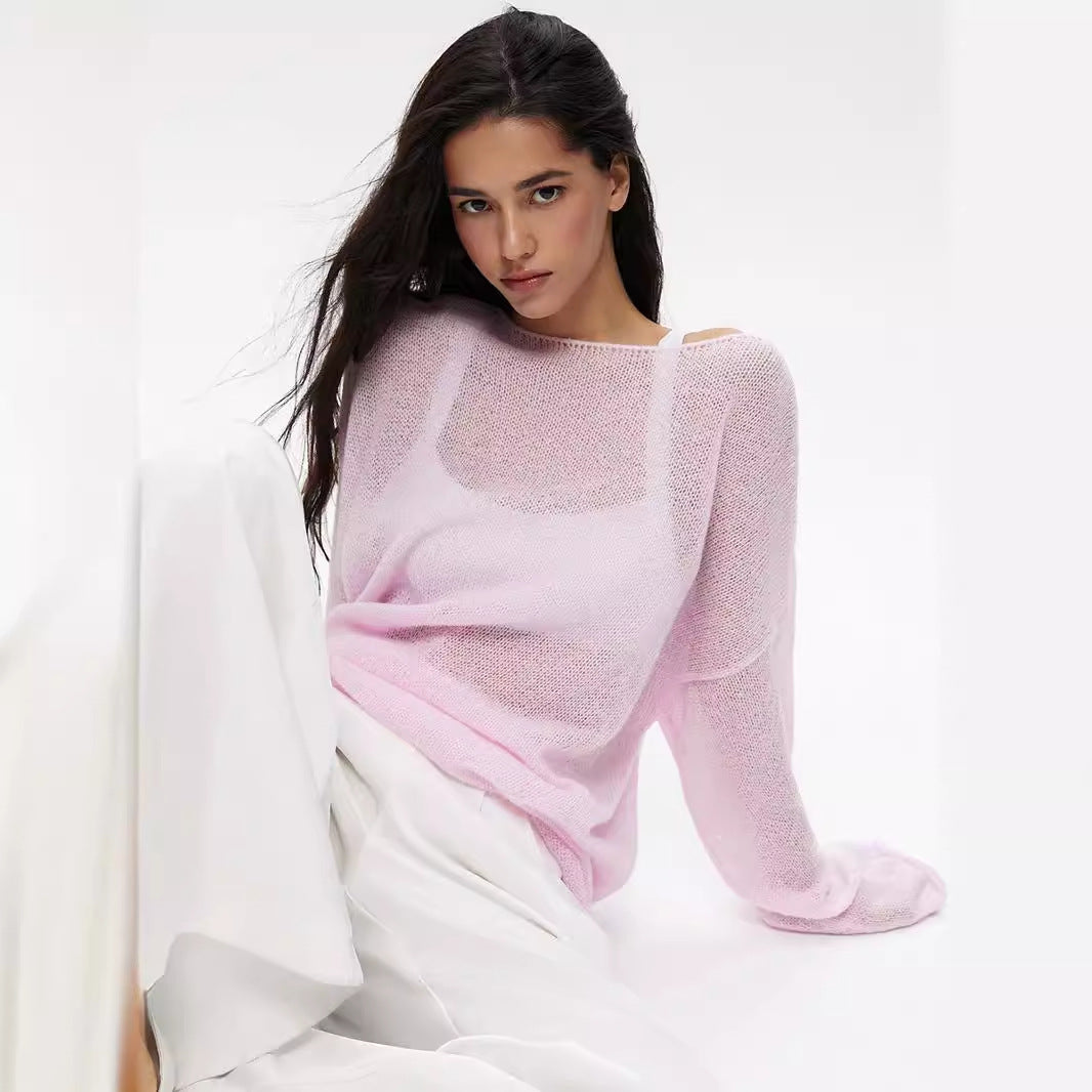 Hollow knitted sweater European, American spring and summer new women's perspective thin large round neck horn sleeve knitted T-shirt