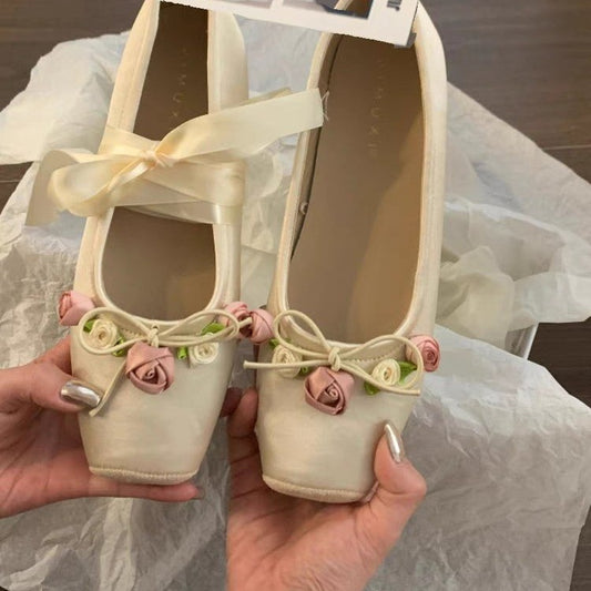 Ballet shoes single  beanie shoes women's  spring new flat temperament socialite wear square head Mary Jane shoes bridesmaid