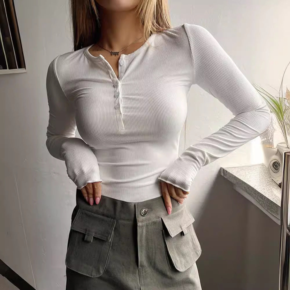 Autumn and winter women's new button ribbed slim knitted fir  T-shirts