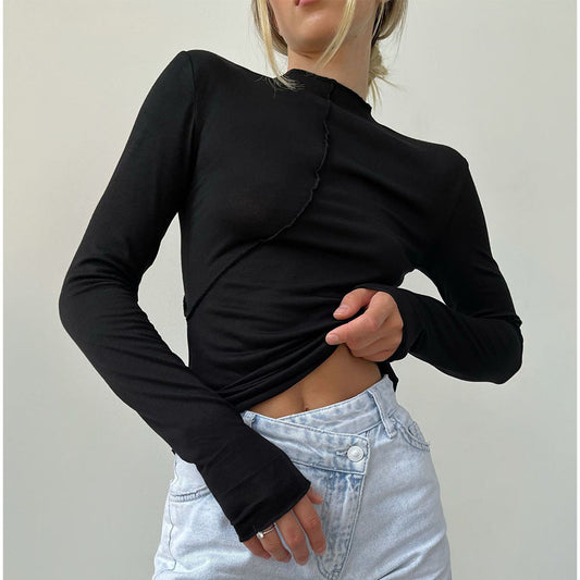 Semi-turtleneck bottoming shirt, European and American spring and summer fashion beveled edge design, slim fit, long-sleeved pullover T-shirts inside