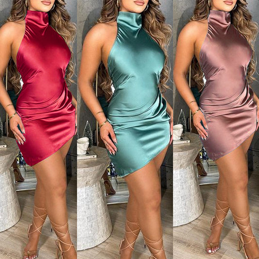 Cross-border beautiful women's fashion neck halter pleated dress women