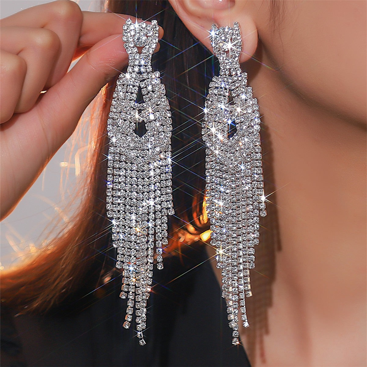 European and American catwalk performances, high-end exaggerated rhinestone long fringed earrings, flash diamond stud earrings, earrings, women's earrings