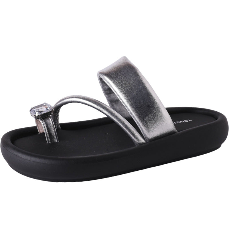 Fashion tribe Internet celebrity rhinestone cool slippers women's summer wear  spring new one-word strap foot thick bottom drag