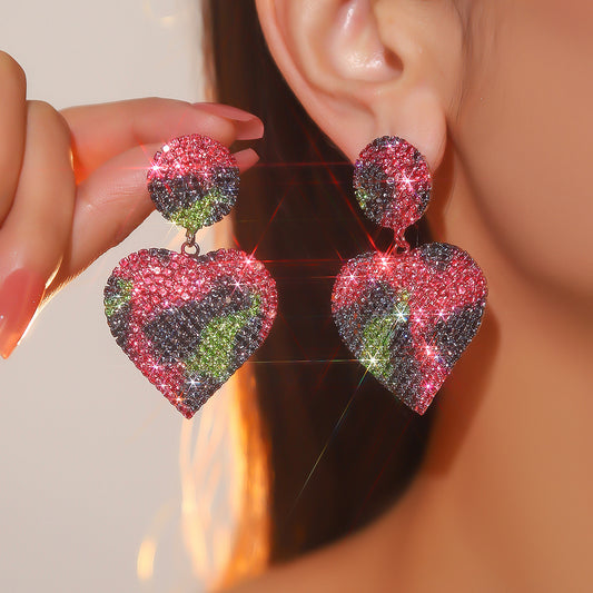 Big explosion, temperament luxury heavy industry love earrings women, shiny diamond-set peach heart stud earrings