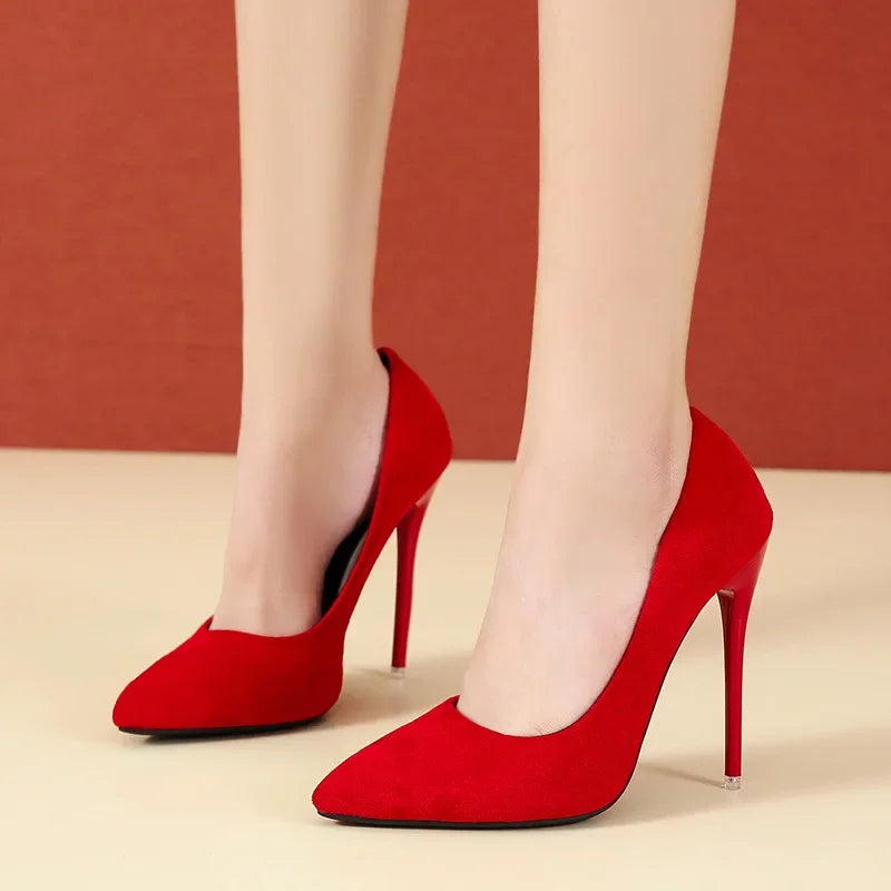 Manufacturer   Big Size 35-45 women's shoes  concise flock high heels women pumps pointed toe classic red gray ladies wedding shoes office   Pumps