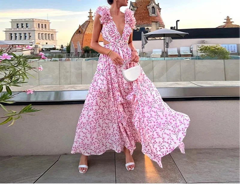 Syiwidii  New Lady Beach Print Ruffles Hollow Out Long Dresses Women Sexy Backless Sleeveless Lace Up High Waist Split Dress