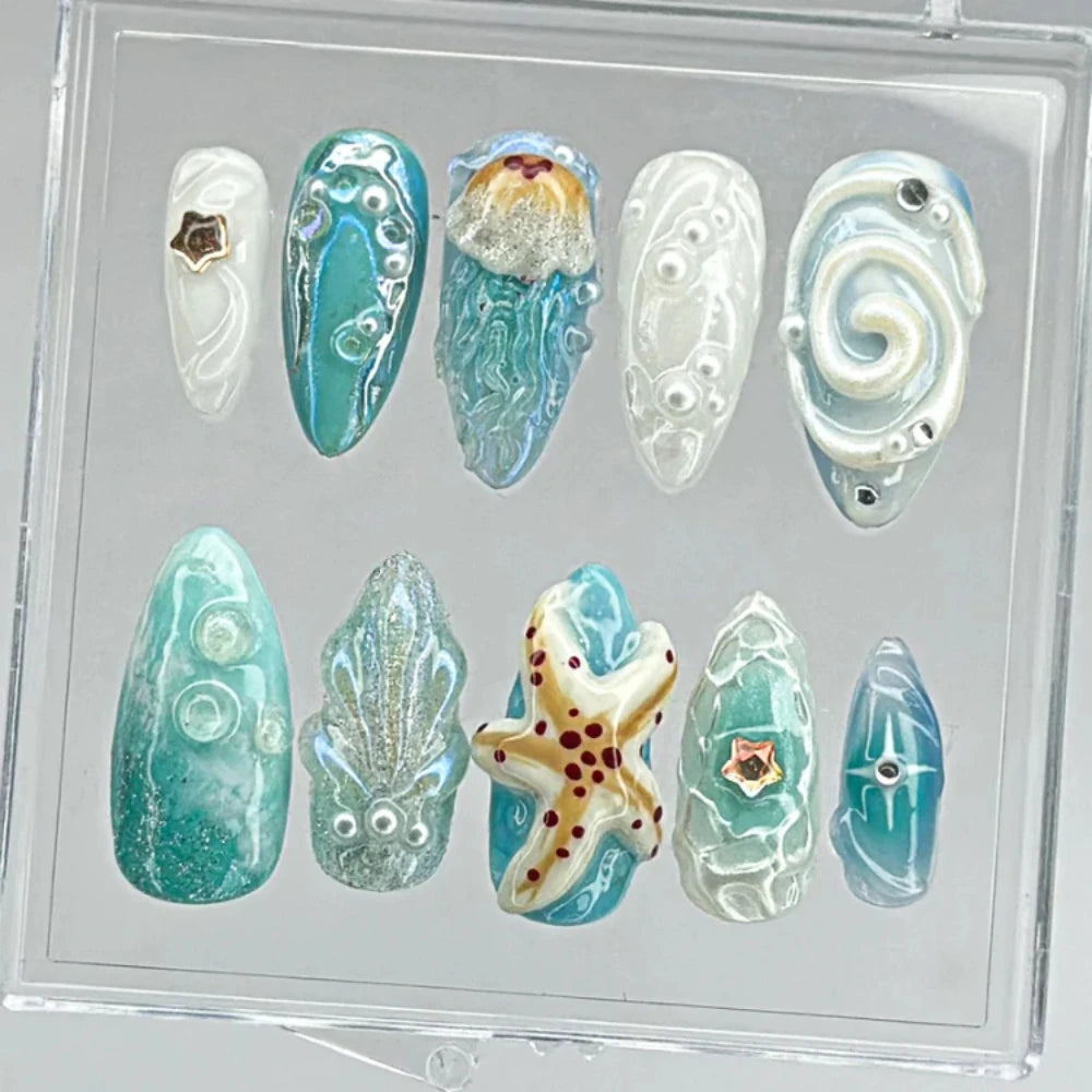 10Pcs Handmade Manicure Medium Almond Fake Nails New 3D Starfish Limited Nails Press On Nails Design with Adhesive Nail File Set