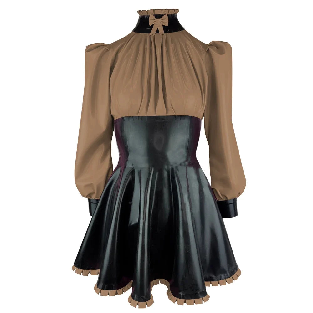 Plus Size High Neck Bow Patchwork Black Faux Latex Mini Dress Women Long Sleeves Slim Fit Ruffled A-line Dress Cocktail Gown