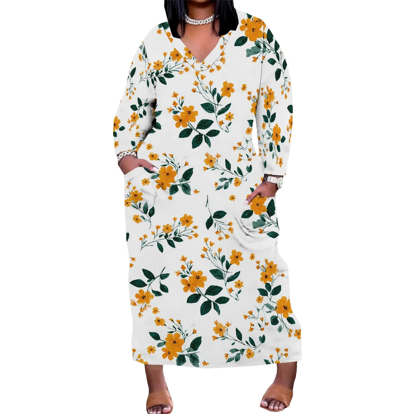 Oversized Baggy Summer Womens Print Dresses Sexy Casual T-Shirt V Neck Long Sleeve Maxi Dress with Pocket