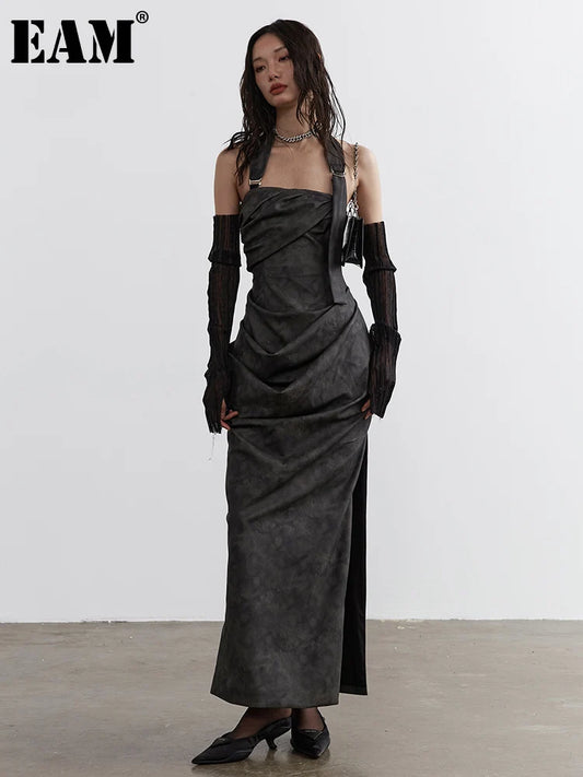 [EAM] Women Gray Shaped Pleated Pu Leather Long Elegant Strapless Dress New Sleeveless Fashion Tide Spring Autumn  1DH4724