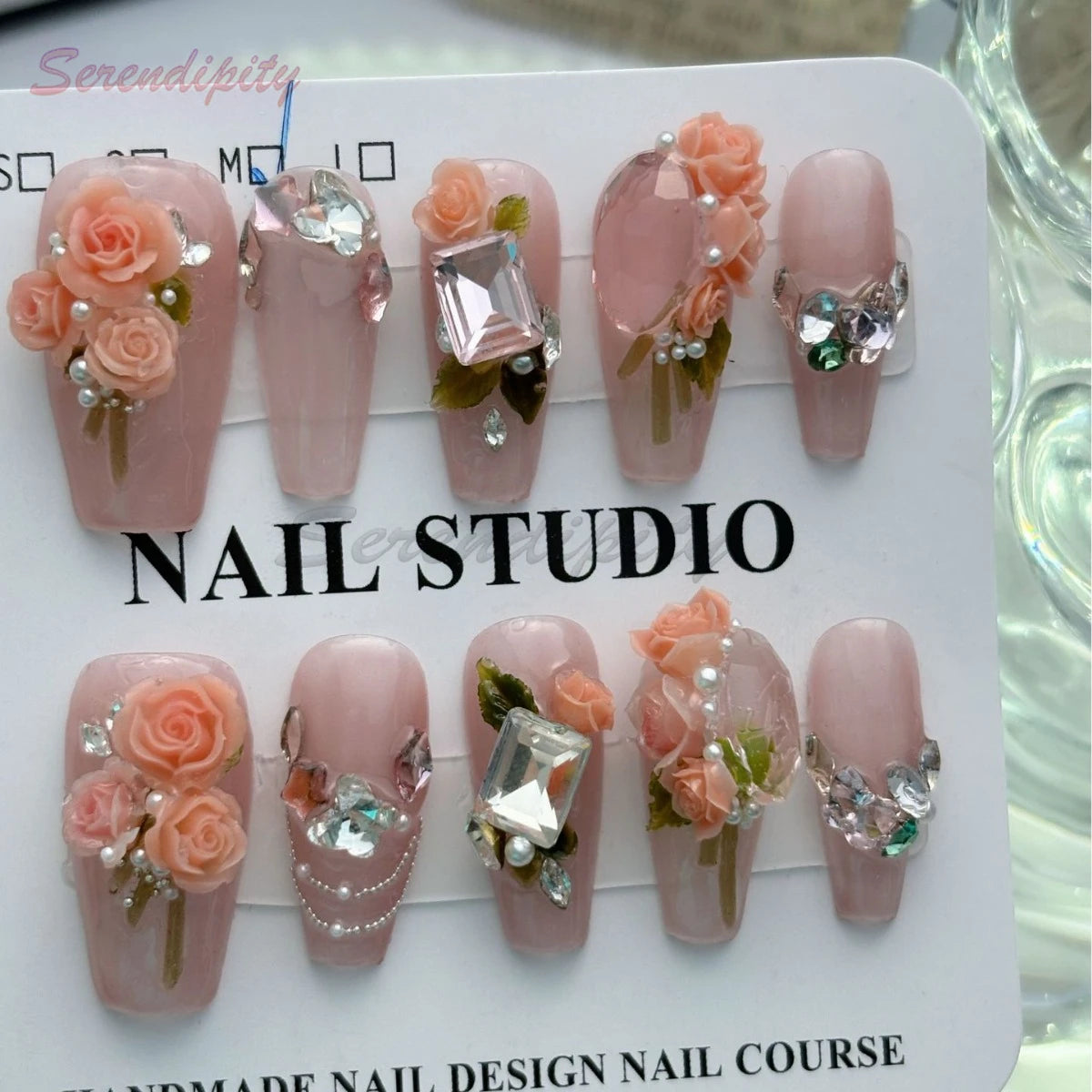10Pcs Solid Color Press On Nails Pure Handmade Pink Stereoscopic Bouquet Fals Nail Art Big Rhinestones Removable Wear Fake Nails