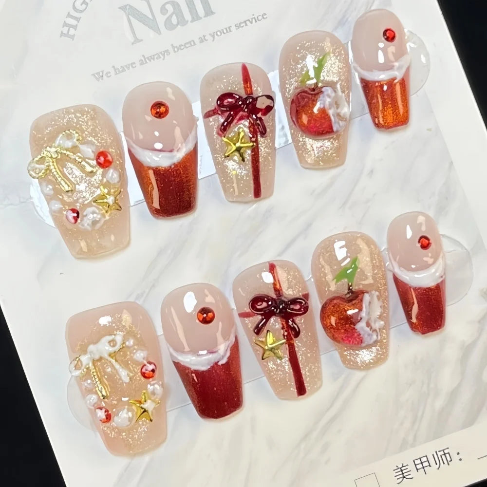10pcs  New Year Christmas Fake Nails Snowflake Design False Nails Art Full Cover Waterproof Removable Handmade Press on Nail