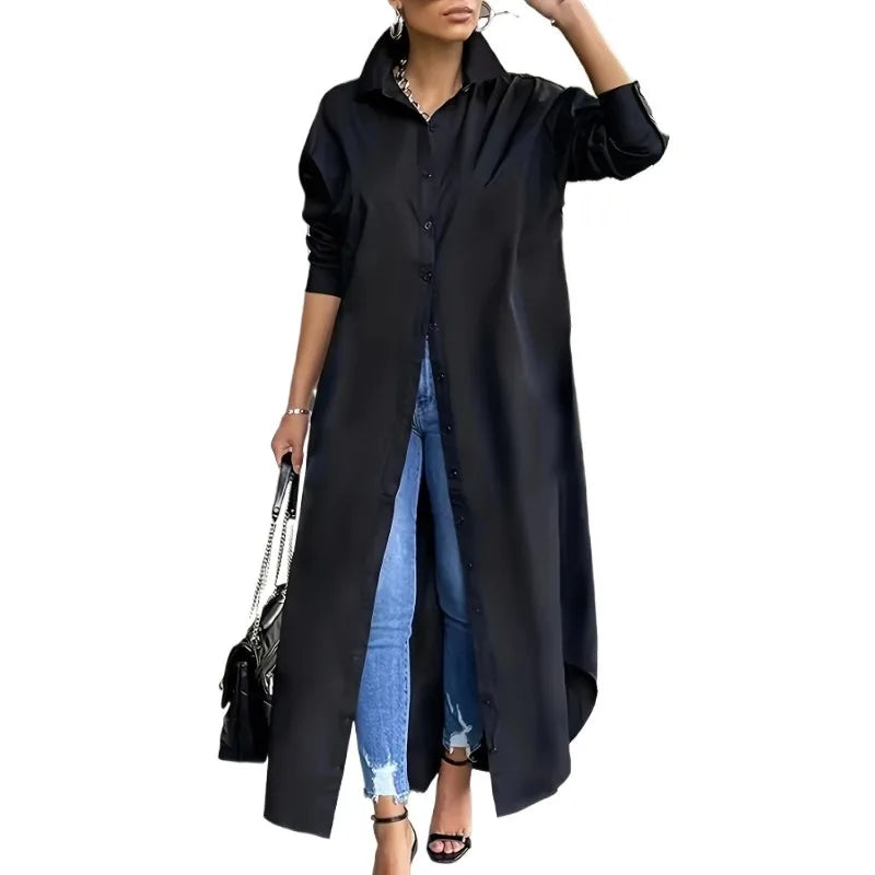 Plus Size Women's New Autumn Fashion Solid Color Lapel Button Casual Comfortable Versatile Long Shirt t-shirts