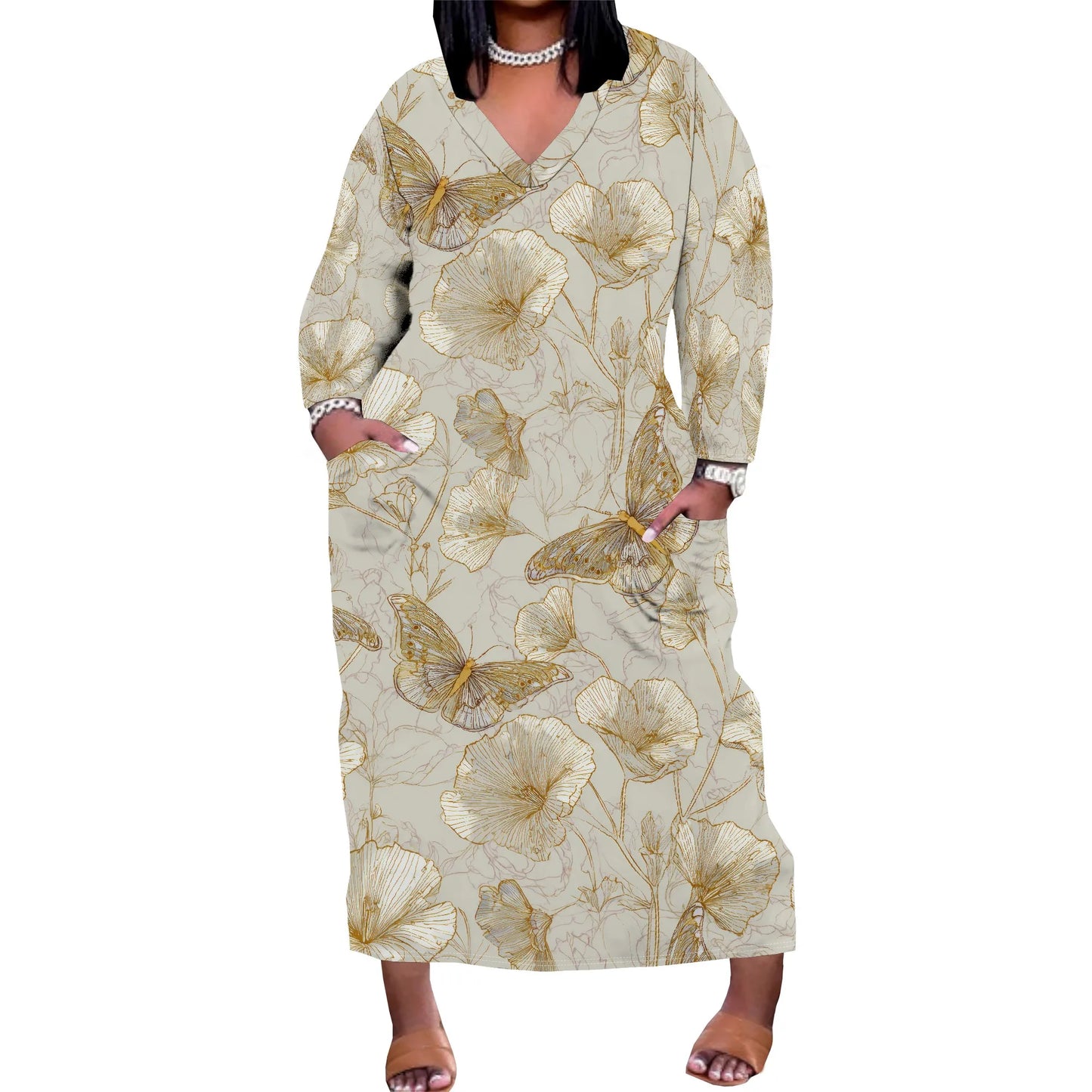 Oversized Baggy Summer Womens Print Dresses Sexy Casual T-Shirt V Neck Long Sleeve Maxi Dress with Pocket