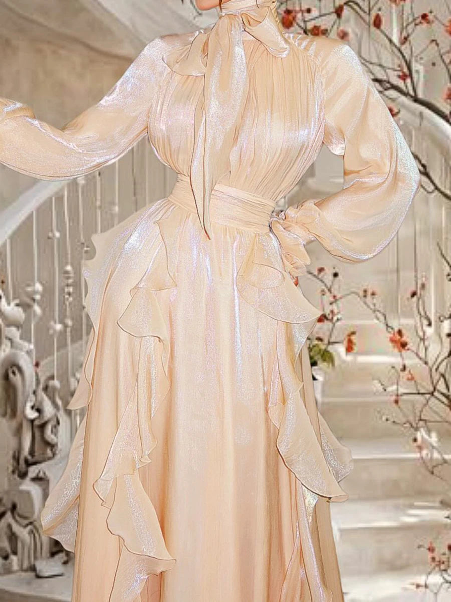 TWOTWINSTYLE Slimming Spliced Lace Up Elegant Dresses For Women Round Neck Long Sleeves High Wasit Patchwork Folds Dress Female