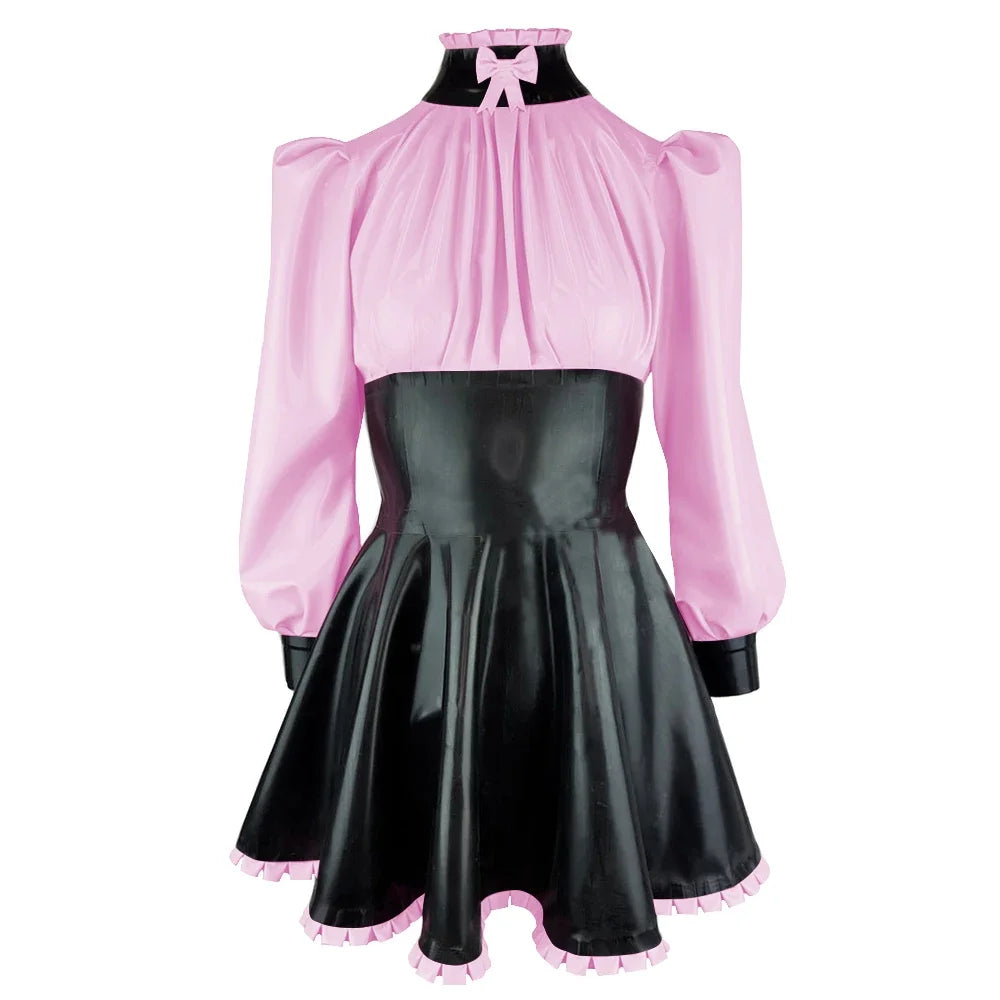 Plus Size High Neck Bow Patchwork Black Faux Latex Mini Dress Women Long Sleeves Slim Fit Ruffled A-line Dress Cocktail Gown