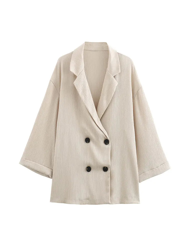 Autumn Women Casual Blazer Coat Pants Set Long Sleeve Double Breasted Blazer + Wide Leg Trousers Lady Office Outfit