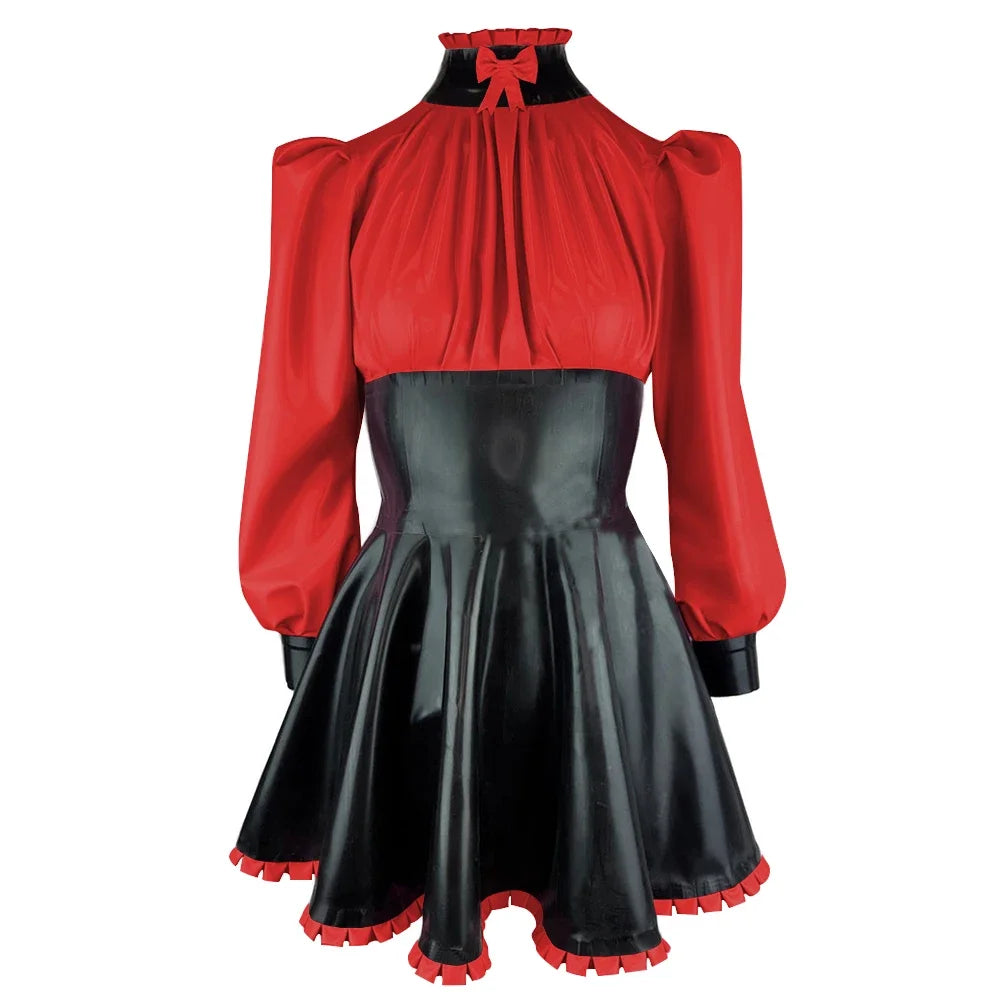 Plus Size High Neck Bow Patchwork Black Faux Latex Mini Dress Women Long Sleeves Slim Fit Ruffled A-line Dress Cocktail Gown