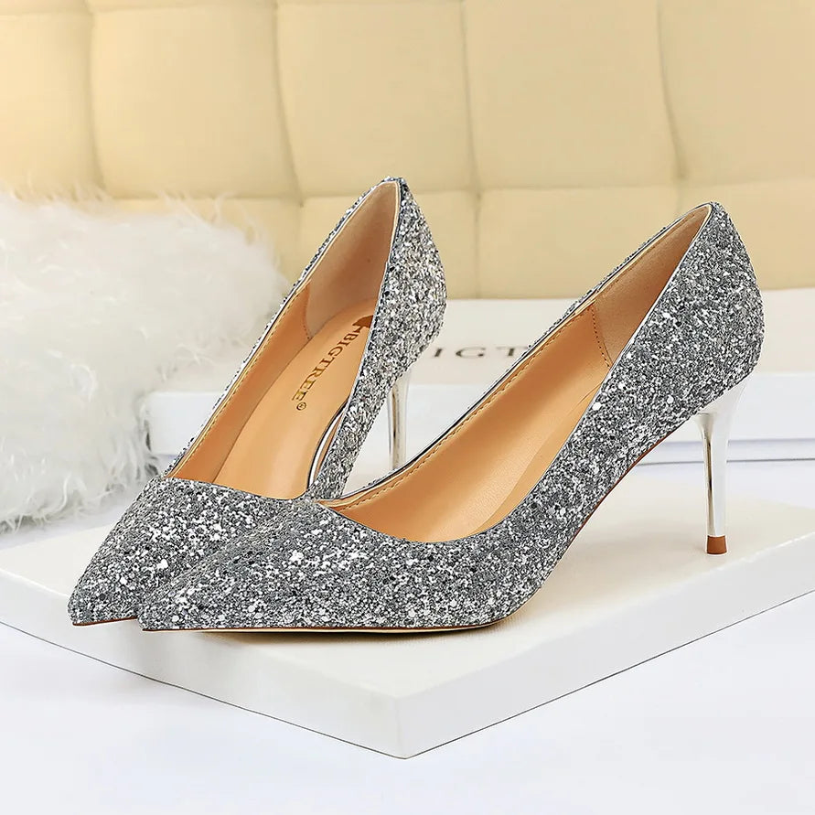 Manufacturer   Women 7cm 9.5cm High Heels Pumps Wedding Bridal Scarpins Sparkly Mid Heels Lady Party Sequins Glitter Evening Gold Silver Shoes   Pumps