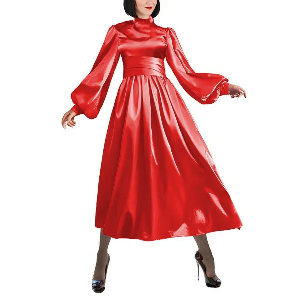 Plus Size Satin Evening Dress Elegant Drape High Neck Long Sleeve Dress Ladies Party Belted Long Gown Women A-Line Prom Dress