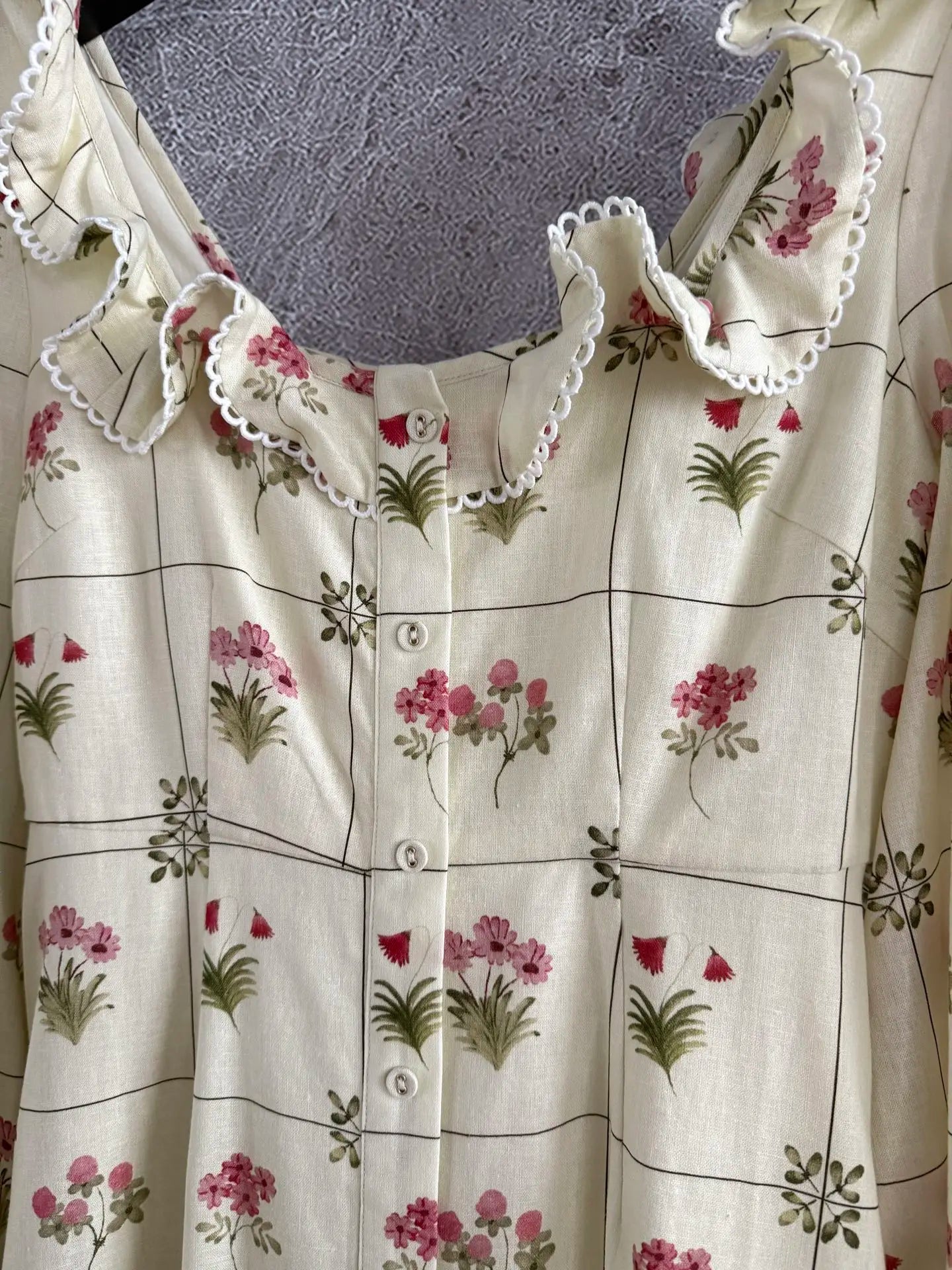 Women Flower Printed Single Breasted Long Sleeve Scallop Trim Linen Long Dress