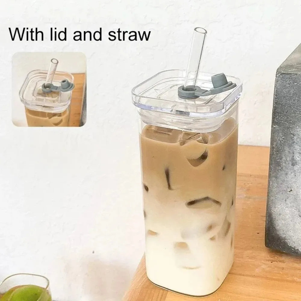 manufacturer  1pcs Square Heat Resistant Coffee Glass Cup With Lid and Straw Transparent Milk Tea Juice Cups Coffee Mug For Home Bar Drinkware   Kitchen gadgets