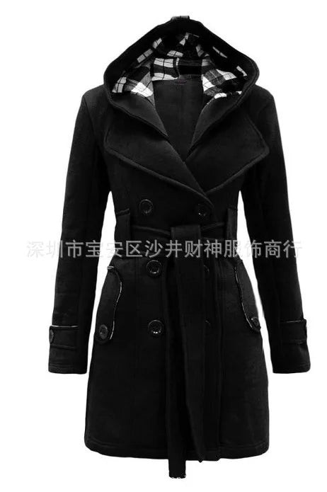 Long Plaid Hooded Coat with Belt Double Row Buttons New Hot Sale Of The Season Women's Woolen Jacket Simple Solid Color Full Sle