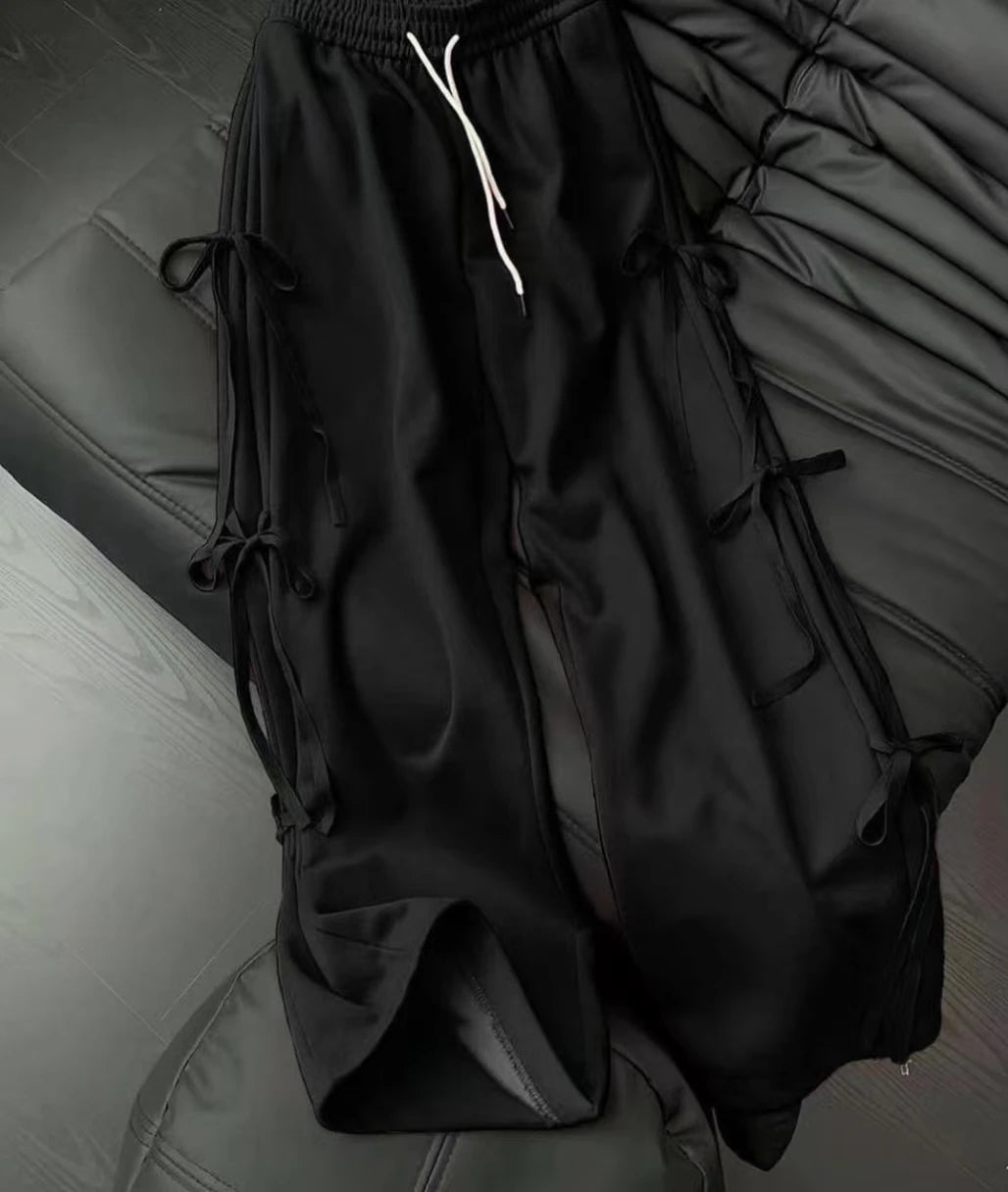 Y2K trend bow-tie casual women pants high street fashion loose solid color wide-leg pants fashion punk personality sport pant