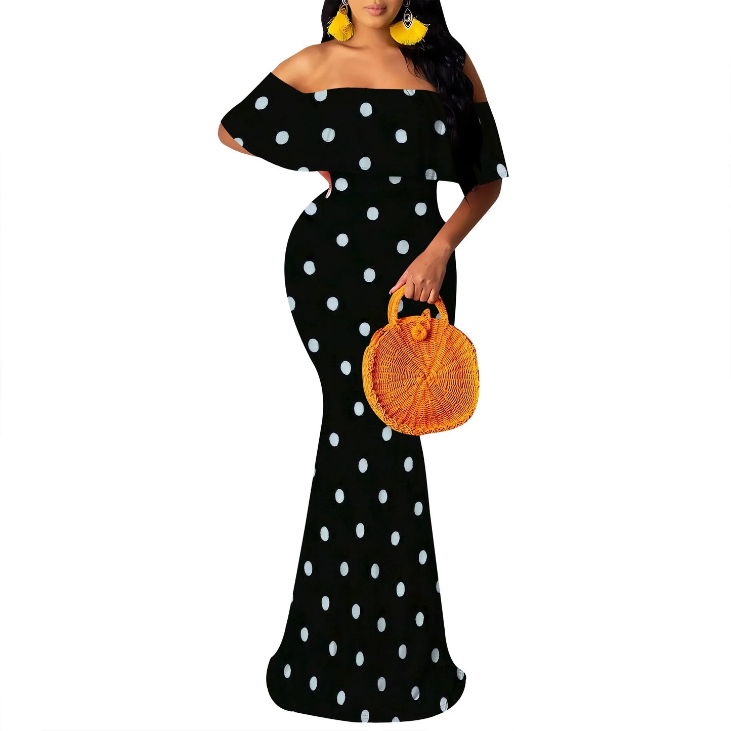 Women's Maxi Bodycon Off The Shoulder Dress Short Ruffle Sleeves Strapless Long Boho Dress Cocktail Party Wedding Dress