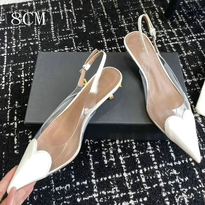 Manufacturer  New Pointy Peach Heart Fine Heel Shoes Sexy Pvc Transparent Film Black Patent Leather High Heel Overhead Sandals   Pumps