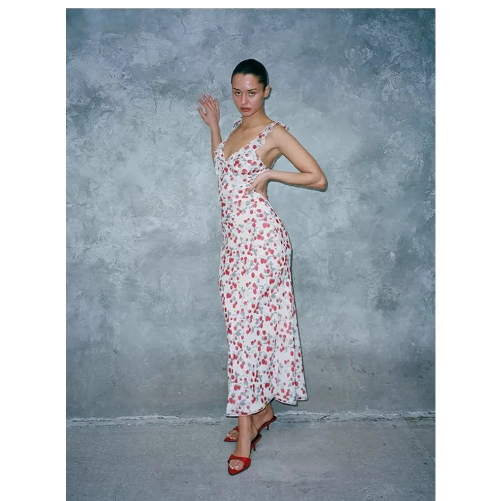 New 100% Silk Women V-Neck Ruffles Sleeveless Slim Fit Strawberry Printed Long Dress